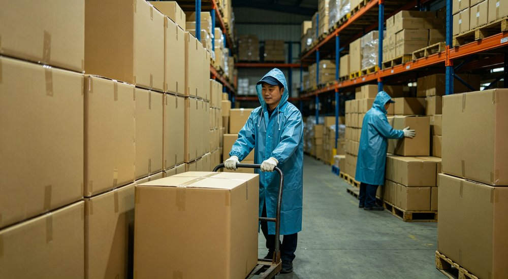 Raincoat wholesale bulk packaging with large cartons of raincoats stacked in warehouse workers loading boxes showing bulk order packaging and logistics for wholesale distribution and OEM order fulfillment