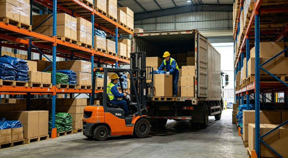 Warehouse packaging and delivery of raincoats with workers packing raincoats into cartons and forklift loading boxes onto truck in logistics warehouse environment for efficient worldwide delivery shipping and bulk rain suit distribution