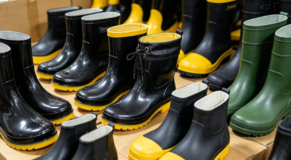 Wholesale flood rain boots collection showing multiple black, yellow and green wellington boot styles, front angled view of waterproof PVC and rubber uppers with anti-slip ox tendon soles, bulk safety footwear supply from China manufacturer