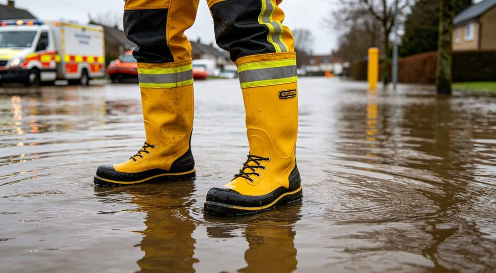 Flood rescue worker wearing black steel-toe safety rain boots on an urban inundated street, side angle view showing reinforced protective toe cap and deep anti-slip tread, durable waterproof polymer, wholesale rescue footwear supplier