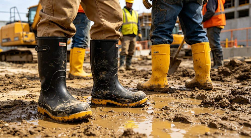 Construction workers wearing black steel-toe safety rain boots on a muddy industrial site, low angle view showing reinforced protective toe and waterproof upper, durable anti-slip polymer, bulk work boots from China manufacturer