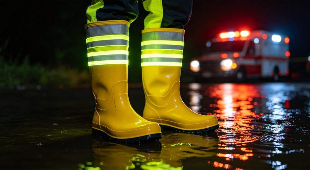 High-visibility fluorescent yellow rain boots with 360-degree reflective strips on an emergency responder at night, side angle view showing anti-slip sole, durable waterproof polymer, wholesale high-visibility rescue footwear