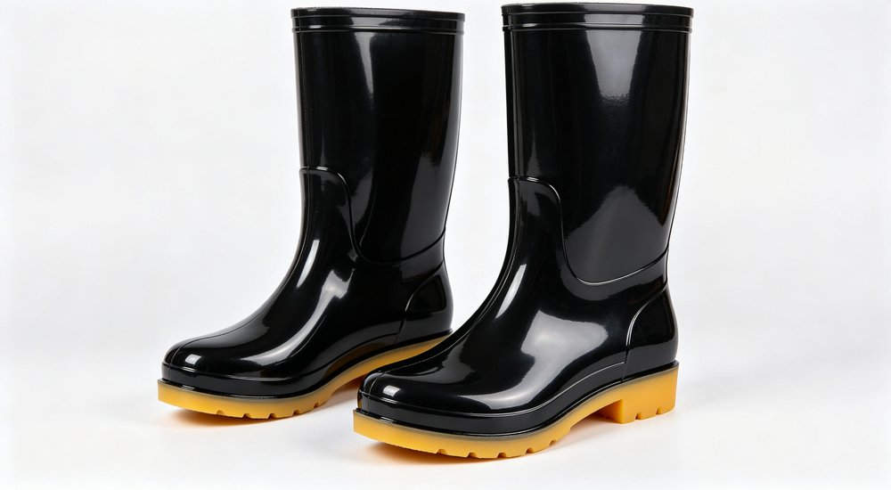 Standard black 38cm PVC rain boot with yellow ox tendon sole, classic straight-on product view showing seamless waterproof polymer upper and deep tread, economical wholesale wellington boots from China supplier