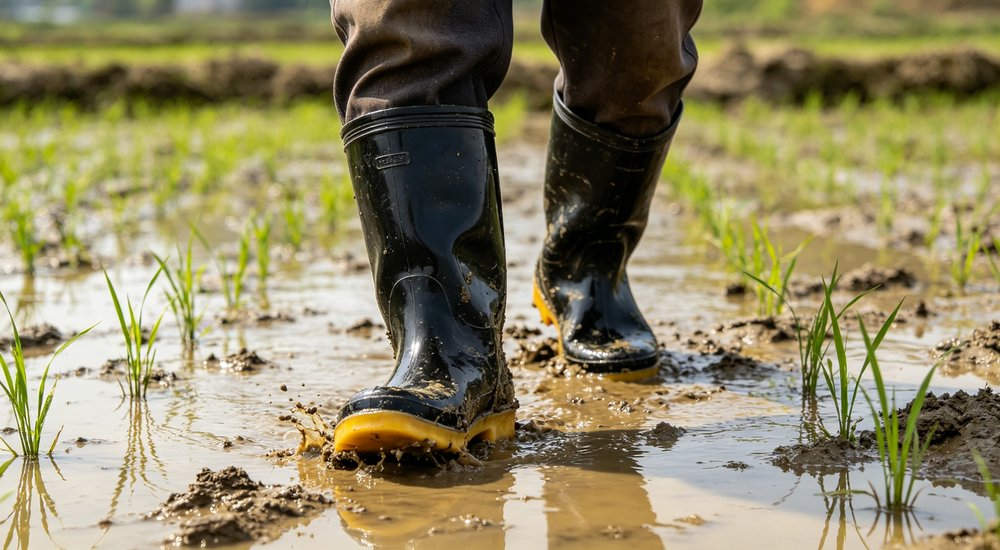 Farmer wearing black PVC rain boots with yellow ox tendon sole standing in a muddy rice paddy, side view of waterproof polymer upper and anti-slip tread, agricultural wellington boots wholesale from manufacturer