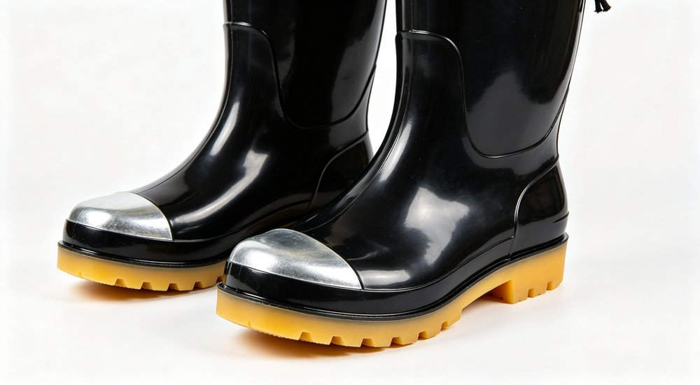 Black 38cm steel-toe safety rain boot with yellow ox tendon sole, straight-on authentic product view showing reinforced protective toe and waterproof polymer upper, bulk safety boots from China manufacturer