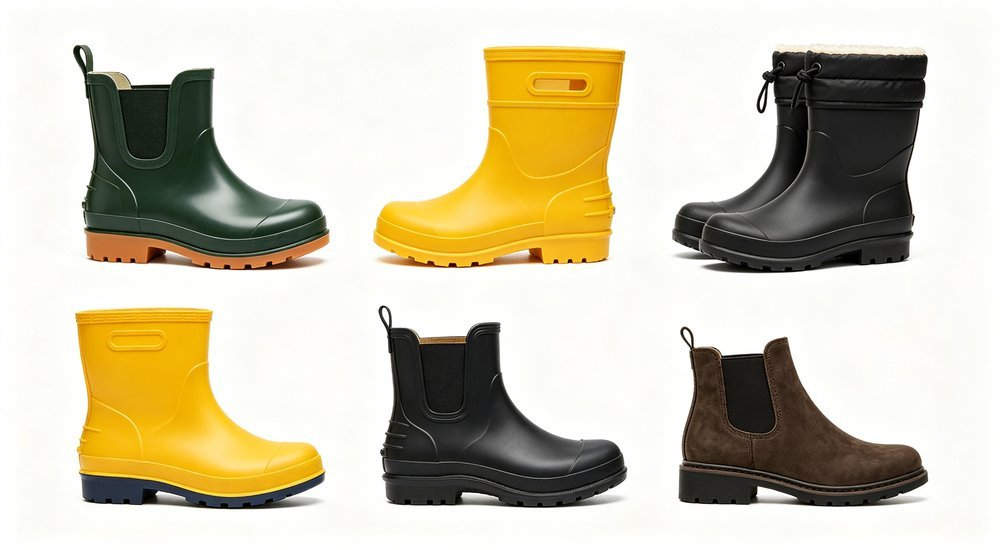 Comparison grid of seven rain boot types from standard and steel-toe to heavy-duty and mid-calf styles, flat lay overview of waterproof polymer wellington boots, wholesale product range from China manufacturer