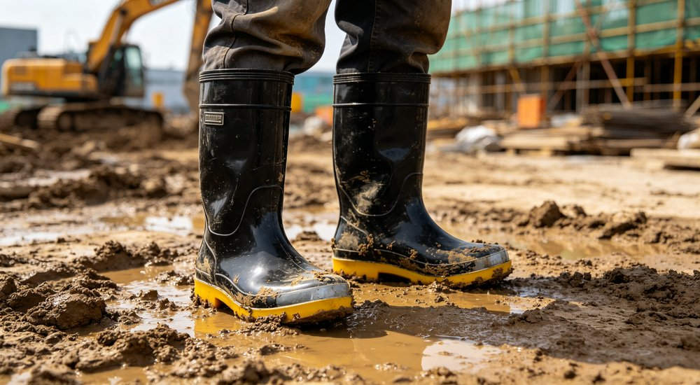 Construction worker wearing black steel-toe rain boots on a muddy site, dynamic side-angle view showing reinforced toe cap and deep lug anti-slip sole, durable waterproof polymer, wholesale work safety boots