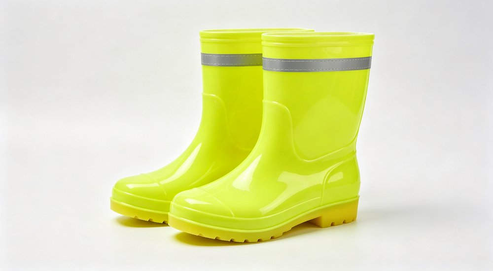 High-visibility fluorescent yellow rain boots with reflective strips and yellow ox tendon anti-slip sole, straight-on product view showing 360-degree visibility bands, durable PVC polymer, wholesale rescue boots