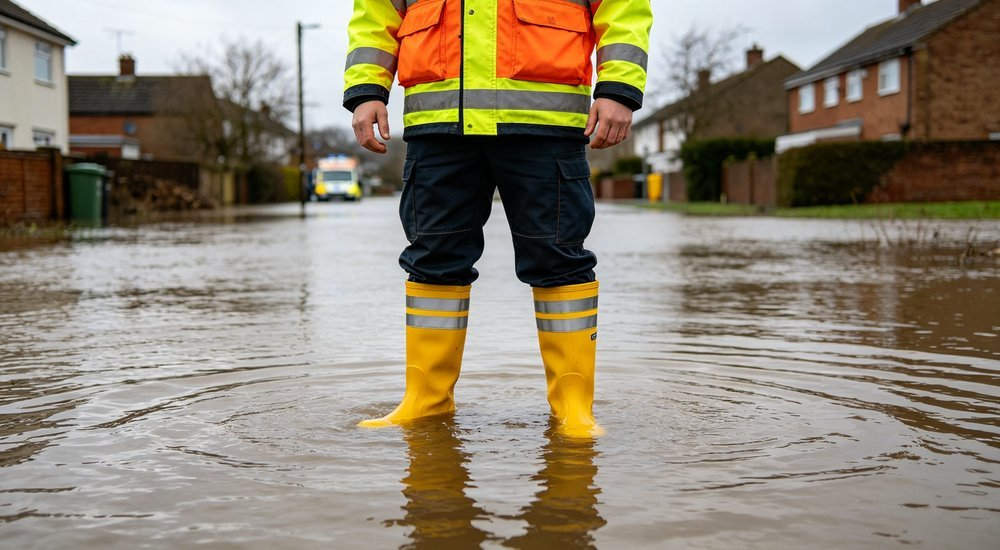 Emergency rescue worker in high-visibility yellow rain boots at a flood disaster scene, full-body angled view showing reflective strips and waterproof polymer upper, bulk rescue footwear from China supplier