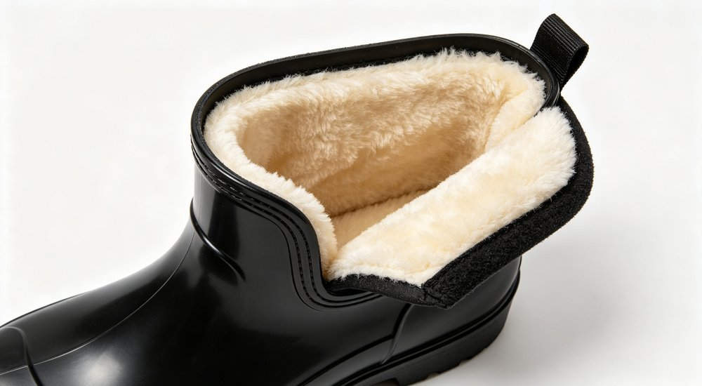 Insulated black winter rain boots with warm fleece lining, straight-on product view showing cold-weather waterproof polymer shell and anti-slip sole, thermal wellington boots wholesale from manufacturer