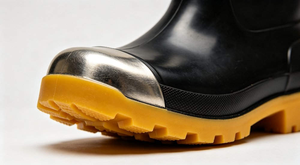 Close-up detail of black safety rain boot showing reinforced steel toe cap and yellow ox tendon anti-slip sole, angled product view of 200-joule impact-resistant toe, durable PVC polymer, wholesale industrial safety footwear