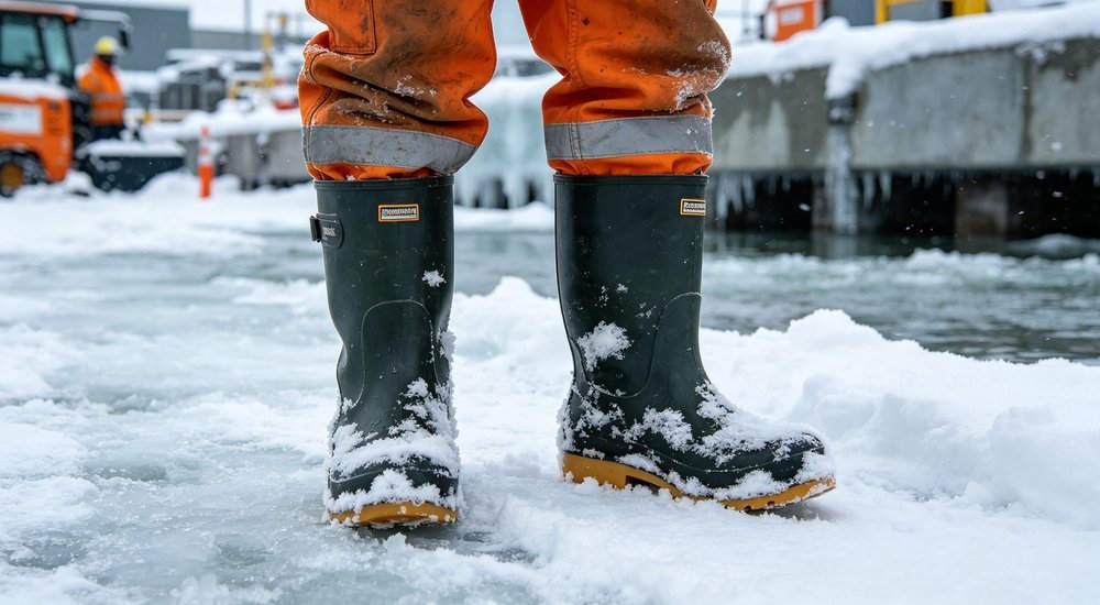 Worker wearing insulated winter rain boots in snow and ice, side view showing warm fleece lining and cold-resistant flexible sole, waterproof polymer upper, bulk cold-climate boots from China supplier