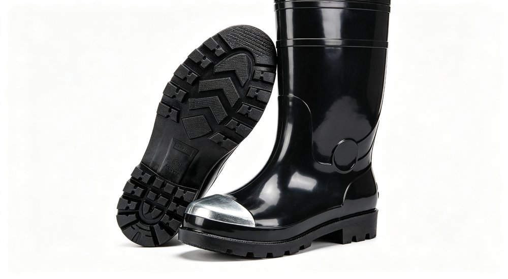 Heavy-duty 40cm black rain boot with steel toe and steel midsole, straight-on authentic product view showing reinforced protective system and deep lug SRC sole, mining safety boots wholesale manufacturer