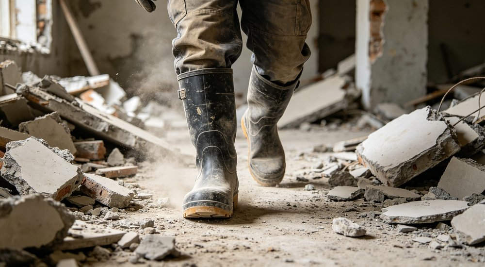 Demolition worker wearing heavy-duty steel-toe rain boots on a rubble debris site, low angle showing reinforced toe and puncture-resistant midsole, durable waterproof polymer, bulk industrial boots supplier