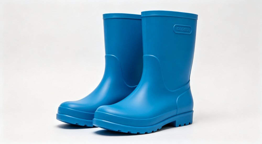 Mid-calf 25cm blue lightweight rain boot, straight-on product view showing flexible waterproof polymer upper and anti-slip sole, urban commuter wellington boots wholesale from China manufacturer