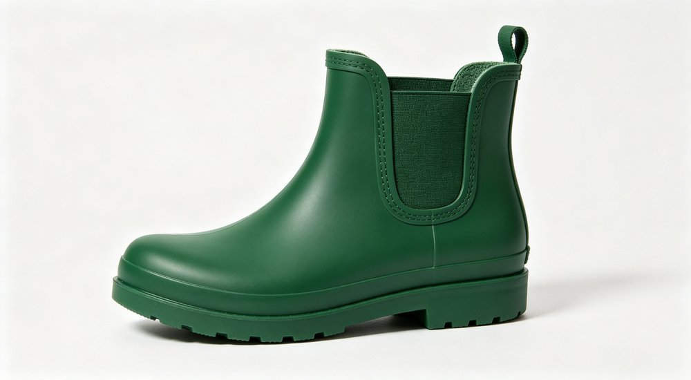 Ankle-height 15cm green ultra-lightweight rain boot, straight-on casual product view showing flexible slip-on waterproof upper and anti-slip sole, everyday wellington boots bulk from supplier