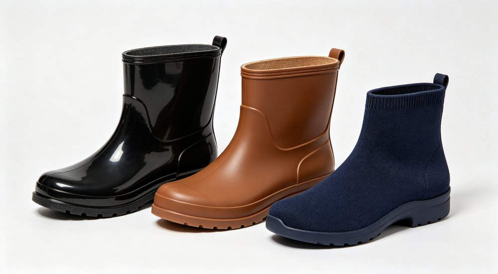 Side-by-side material comparison of rain boot uppers showing PVC, natural rubber and neoprene textures, close-up angled view of durable waterproof polymer samples, wholesale footwear material guide
