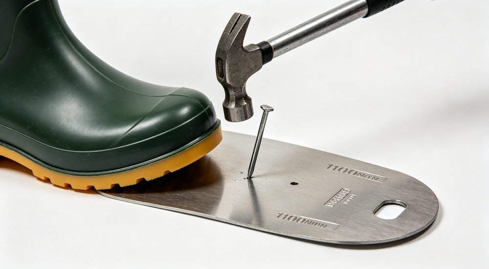 Flexible high-tensile steel midsole plate shown as a 1100-newton puncture-resistant safety component, flat lay product view of waterproof boot reinforcement, wholesale safety footwear parts supplier