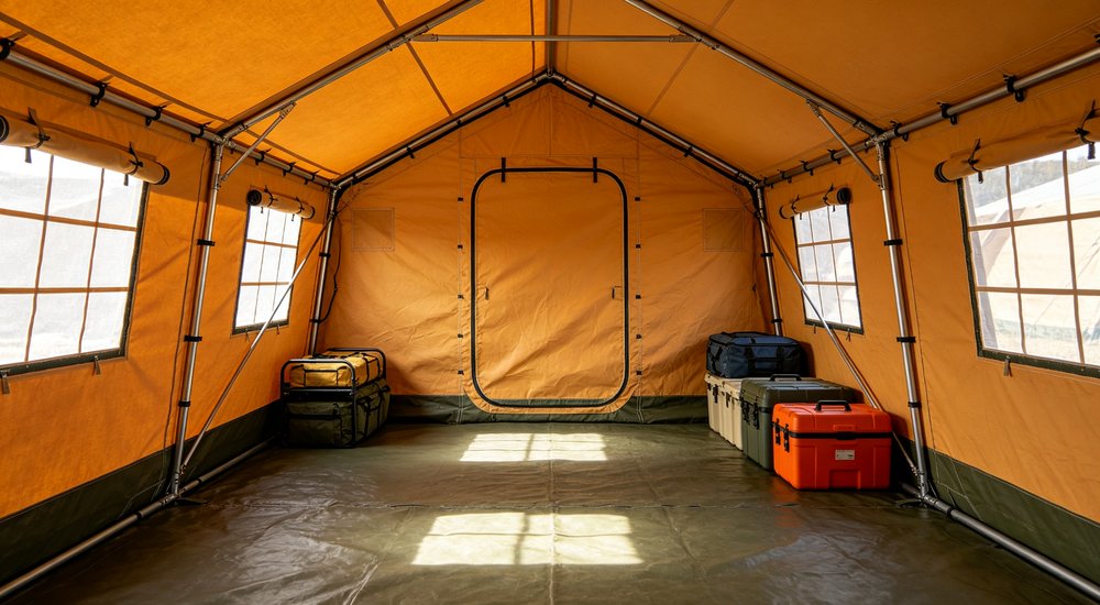 Interior view of a spacious emergency relief tent showing adequate headroom natural lighting through windows and organized living space for displaced family accommodation