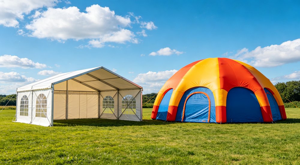 Closeup exterior detail showing reinforced corner seams heavy duty waterproof fabric texture and weatherproof construction of professional emergency relief shelter