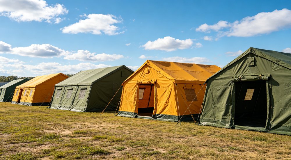 Military field base deployment showing emergency tents used for troop accommodation command posts and operational support in remote field conditions with security perimeter