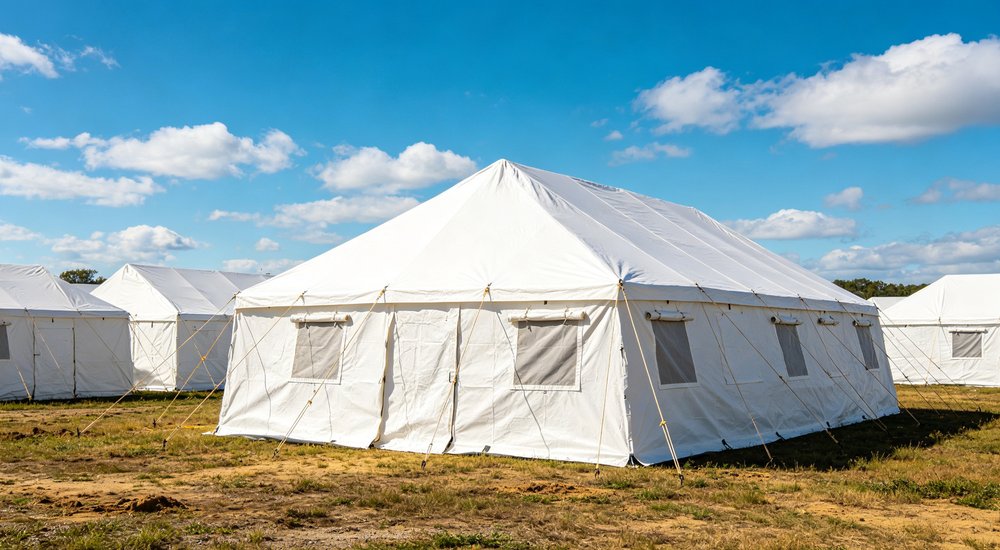 Medical rescue operation area with emergency tents serving as field treatment stations for disaster victims receiving first aid and emergency healthcare from medical teams Medical rescue operation area with emergency tents serving as field treatment stations for disaster victims receiving first aid and emergency healthcare from medical teams