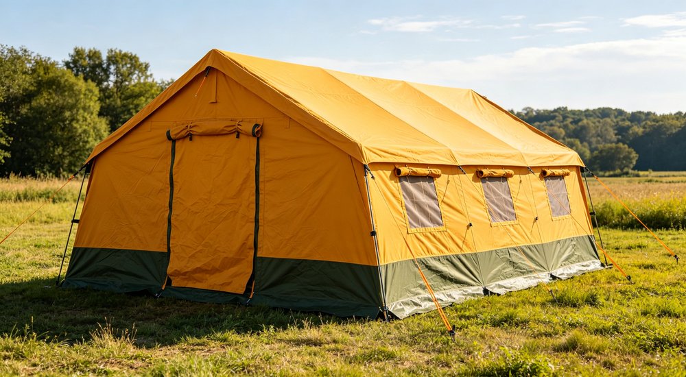 Emergency relief tent standing in heavy winter snow conditions demonstrating cold weather resistance insulation performance and durability for humanitarian operations in harsh climates Emergency relief tent standing in heavy winter snow conditions demonstrating cold weather resistance insulation performance and durability for humanitarian operations in harsh climates