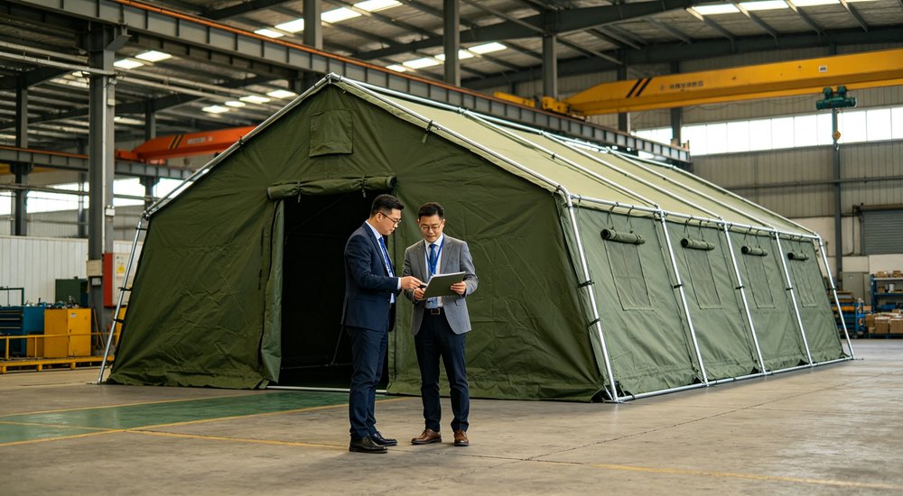 Humanitarian relief tent photographed at aid distribution camp providing reliable shelter with strong steel framework quality stitching and weather resistant fabric for disaster affected communities