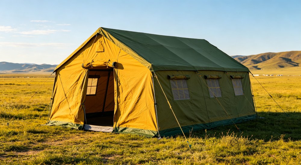 Field deployed emergency shelter showing robust frame construction waterproof material and practical design features meeting international standards for disaster response and refugee accommodation Field deployed emergency shelter showing robust frame construction waterproof material and practical design features meeting international standards for disaster response and refugee accommodation
