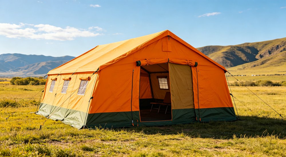 Heavy duty emergency frame tent displayed in operational setting demonstrating quick setup capability durable canvas exterior and spacious interior capacity for humanitarian relief missions