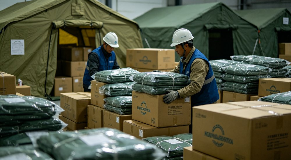 Emergency response tent captured during active deployment showing professional grade construction wind resistant frame and waterproof covering designed for long term use in challenging field conditions