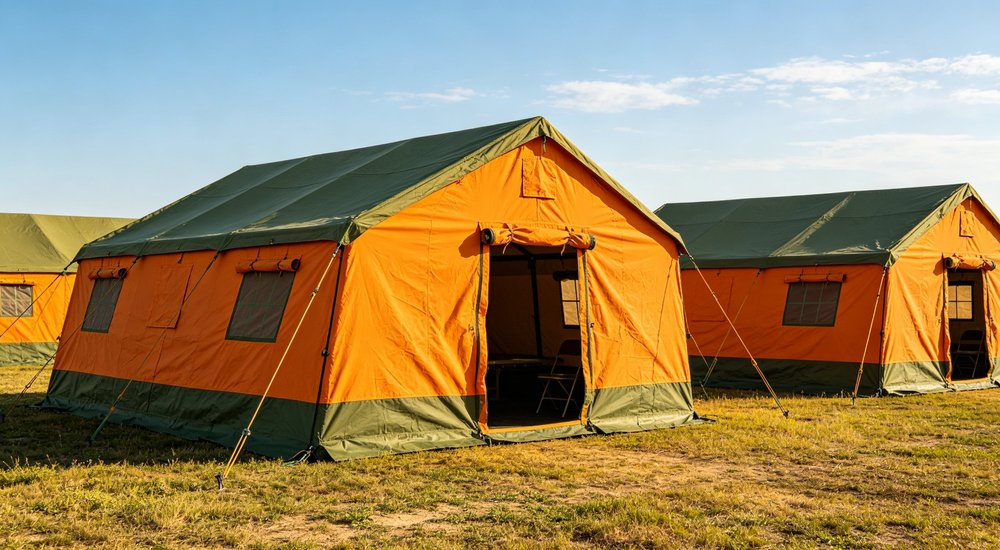 Field deployed emergency shelter showing robust frame construction waterproof material and practical design features meeting international standards for disaster response and refugee accommodation