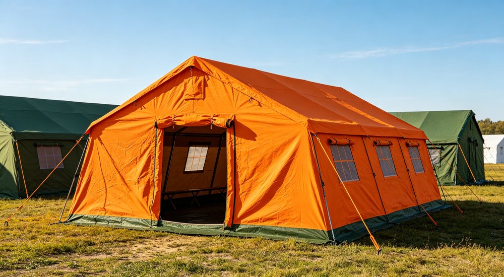 Professional emergency relief tent photographed in field deployment showing sturdy construction waterproof fabric and steel frame design suitable for disaster response and humanitarian aid operations
