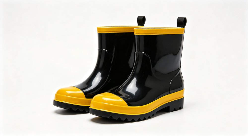 97-style firefighter rain boots in black with yellow toe rand, straight-on authentic product view showing heat-resistant waterproof upper and protective toe, NFPA-aligned fire boots wholesale supplier