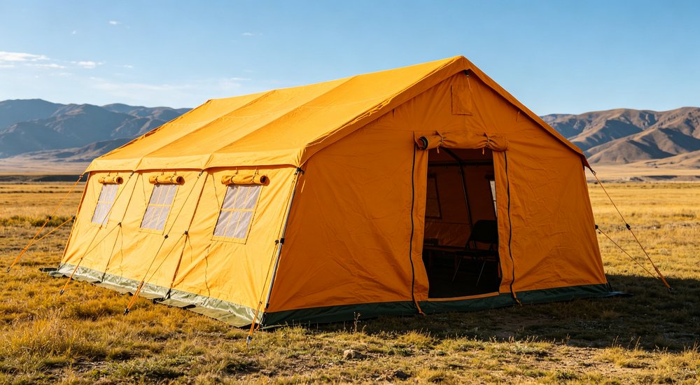 Large emergency shelter tent installed at disaster relief site providing weatherproof accommodation for affected populations with reinforced structure and quality materials visible