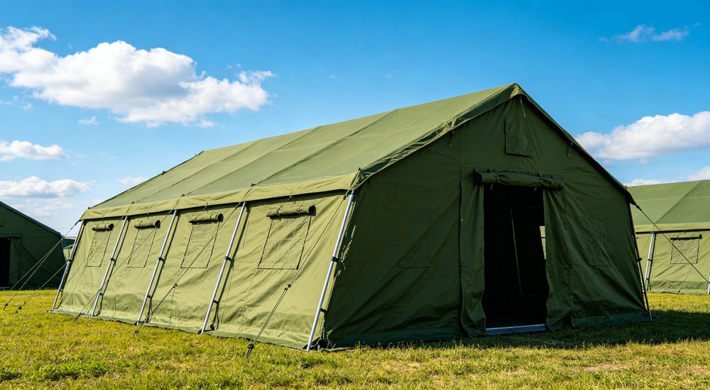 Heavy duty emergency frame tent displayed in operational setting demonstrating quick setup capability durable canvas exterior and spacious interior capacity for humanitarian relief missions