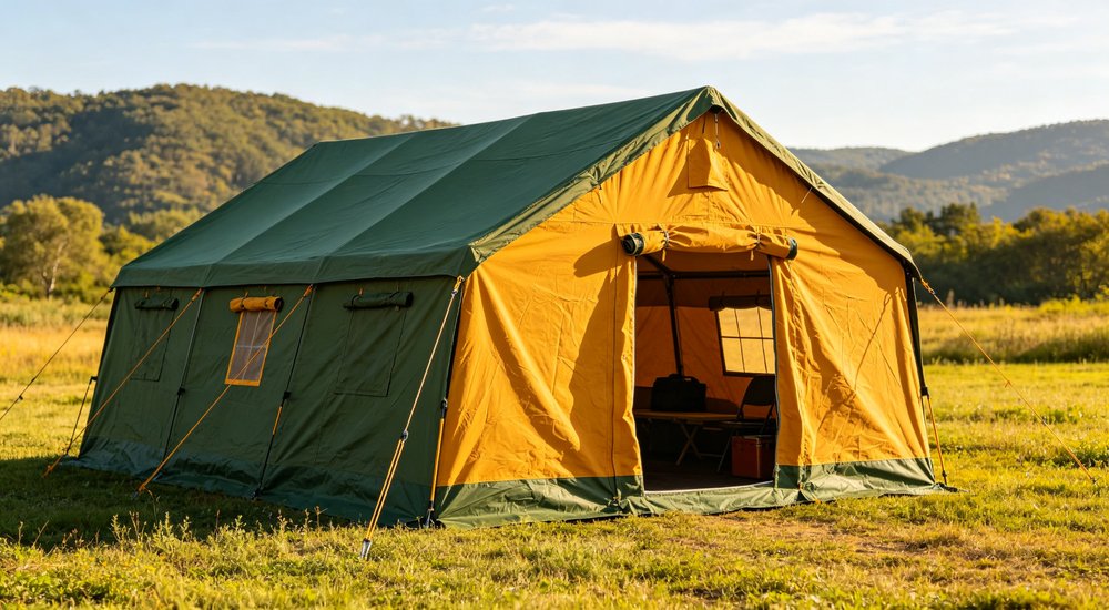 Emergency response tent captured during active deployment showing professional grade construction wind resistant frame and waterproof covering designed for long term use in challenging field conditions