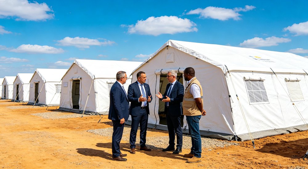 Field deployed emergency shelter showing robust frame construction waterproof material and practical design features meeting international standards for disaster response and refugee accommodation