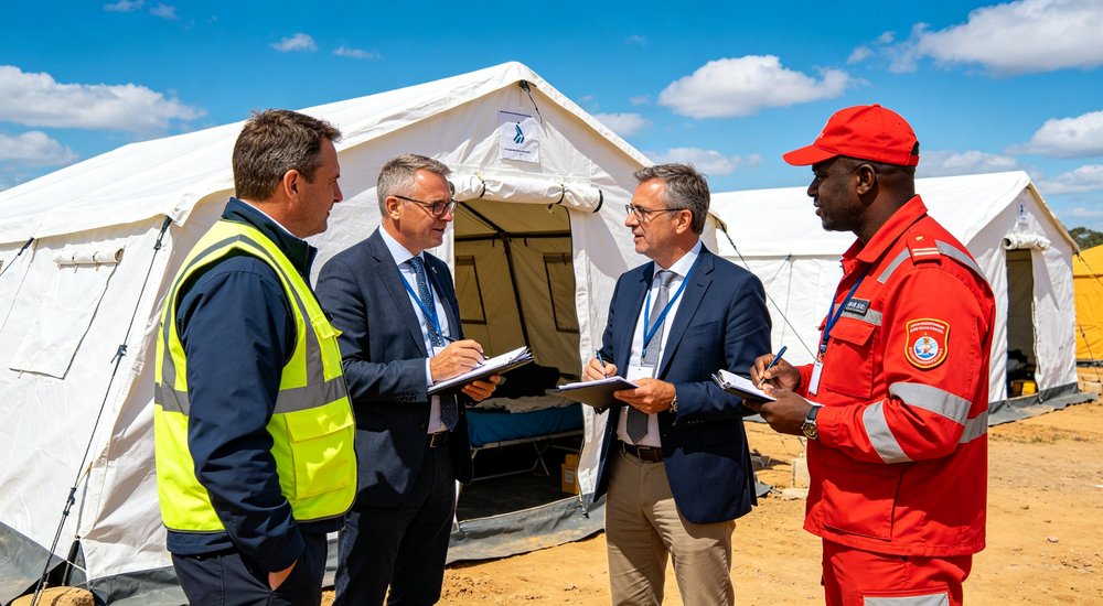 Professional emergency relief tent photographed in field deployment showing sturdy construction waterproof fabric and steel frame design suitable for disaster response and humanitarian aid operations