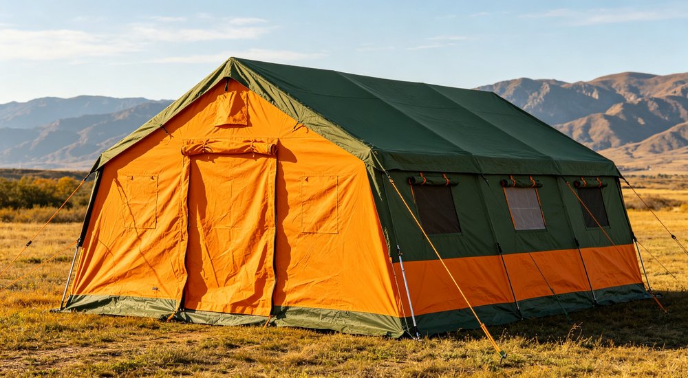 Heavy duty emergency frame tent displayed in operational setting demonstrating quick setup capability durable canvas exterior and spacious interior capacity for humanitarian relief missions