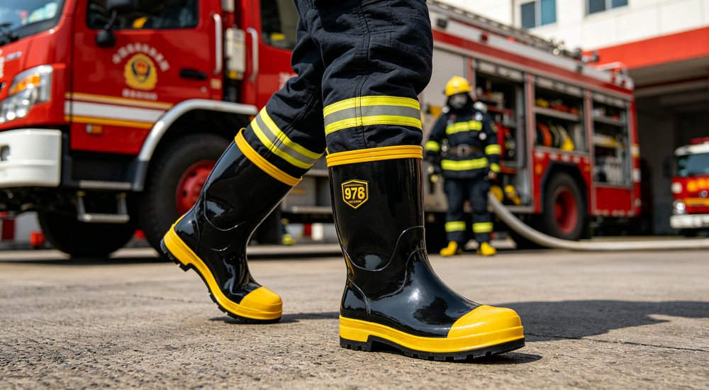 Firefighter wearing 97-style black and yellow rain boots at a fire station, full-body angled view showing protective toe and waterproof upper, structural firefighting boots wholesale manufacturer