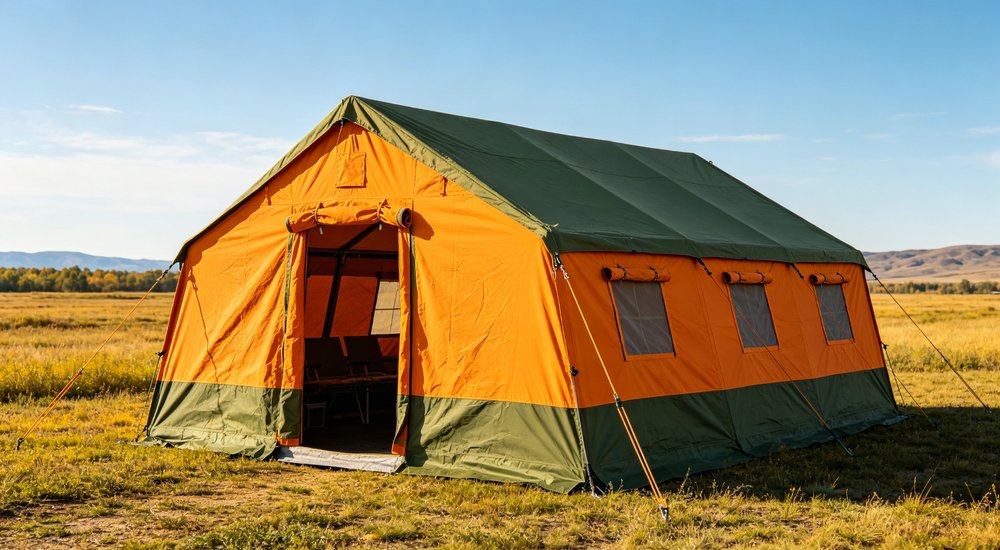 Emergency response tent captured during active deployment showing professional grade construction wind resistant frame and waterproof covering designed for long term use in challenging field conditions