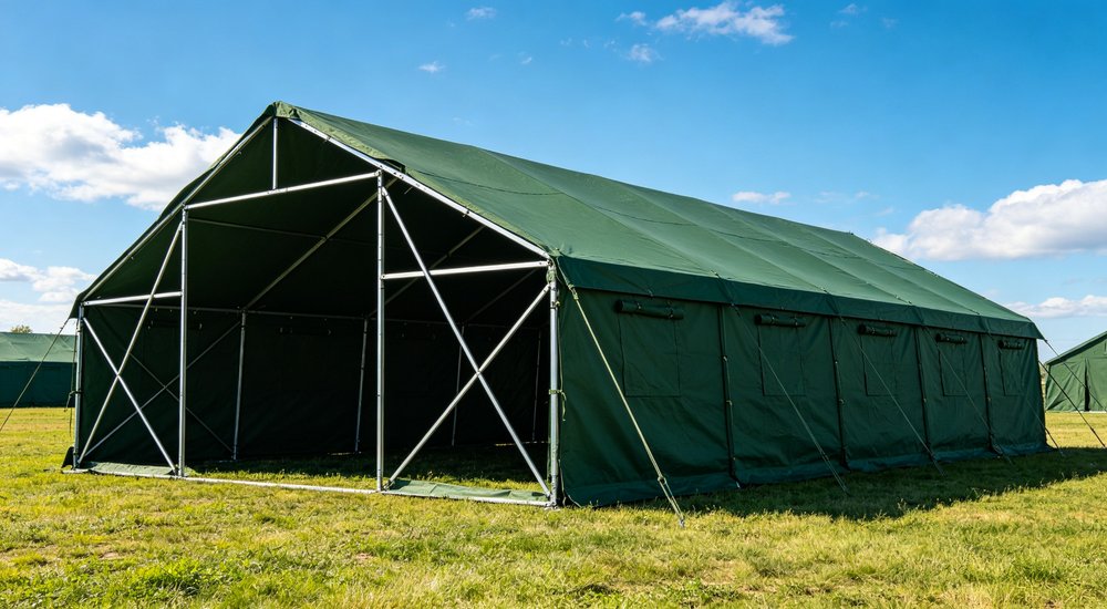 Humanitarian relief tent photographed at aid distribution camp providing reliable shelter with strong steel framework quality stitching and weather resistant fabric for disaster affected communities