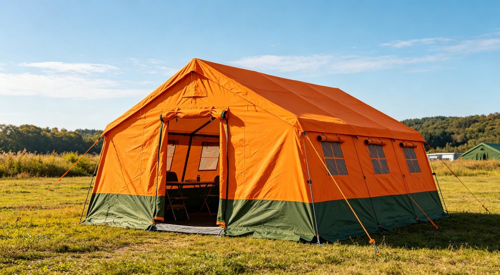Field deployed emergency shelter showing robust frame construction waterproof material and practical design features meeting international standards for disaster response and refugee accommodation