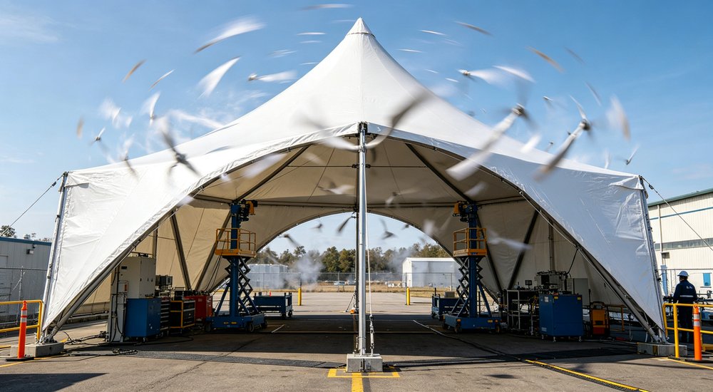 Professional emergency relief tent photographed in field deployment showing sturdy construction waterproof fabric and steel frame design suitable for disaster response and humanitarian aid operations