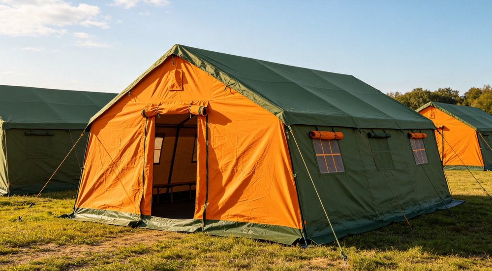 Large emergency shelter tent installed at disaster relief site providing weatherproof accommodation for affected populations with reinforced structure and quality materials visible