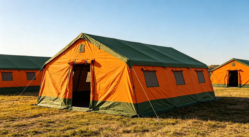Heavy duty emergency frame tent displayed in operational setting demonstrating quick setup capability durable canvas exterior and spacious interior capacity for humanitarian relief missions