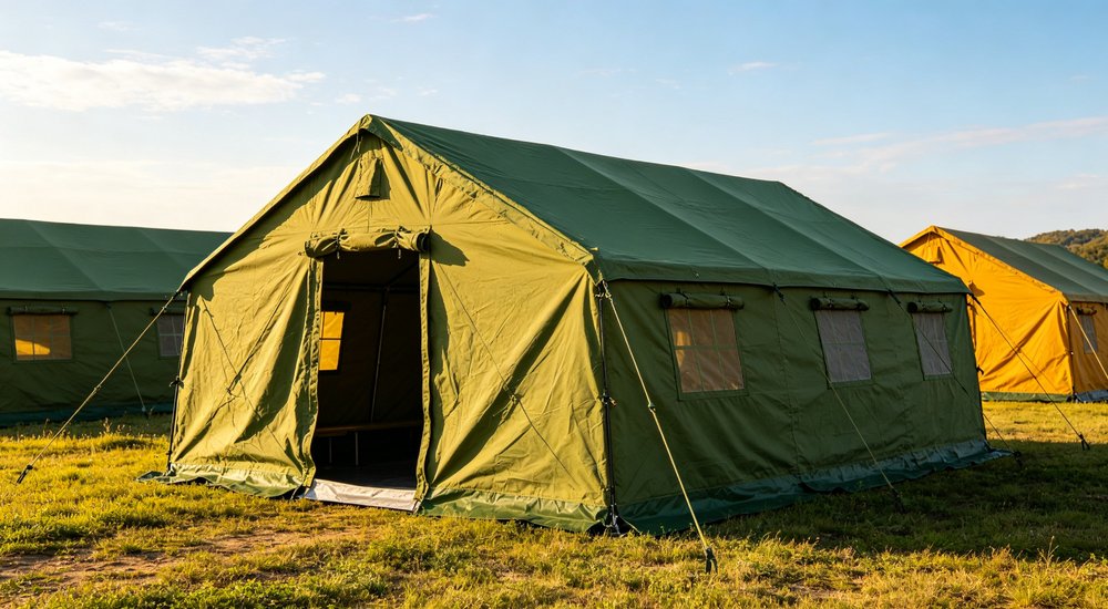 Emergency response tent captured during active deployment showing professional grade construction wind resistant frame and waterproof covering designed for long term use in challenging field conditions
