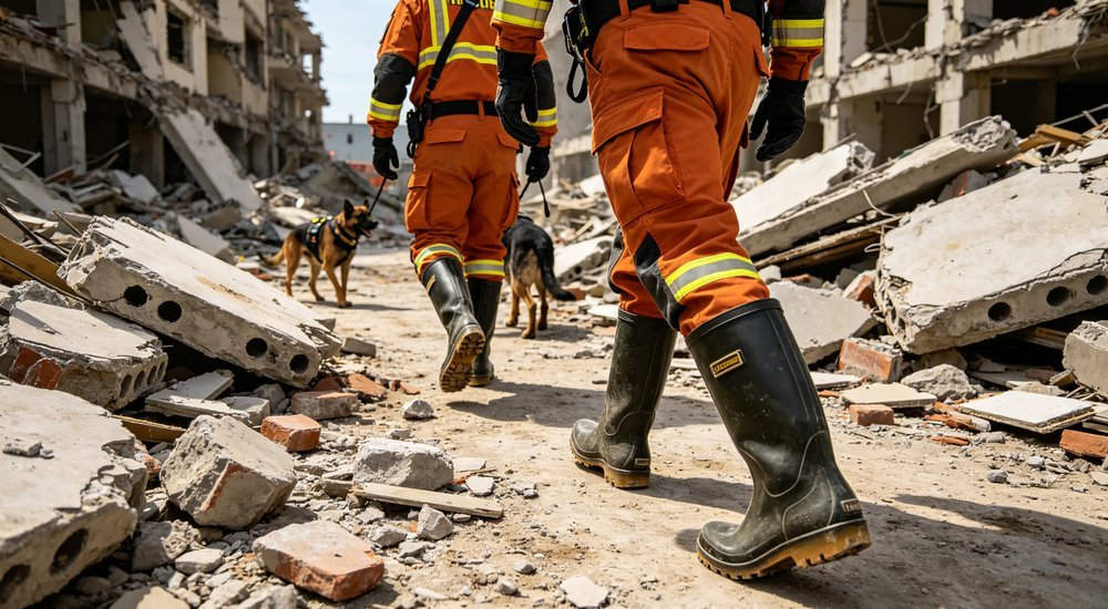 Urban search and rescue team member wearing heavy-duty steel-toe boots on earthquake rubble, low angle showing reinforced toe and puncture midsole, USAR safety boots bulk from China supplier