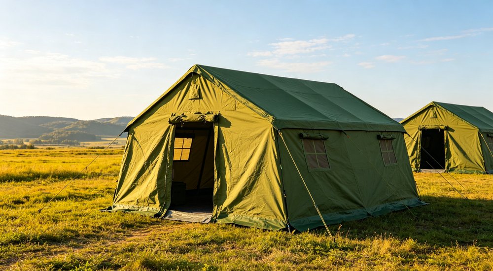 Heavy duty emergency frame tent displayed in operational setting demonstrating quick setup capability durable canvas exterior and spacious interior capacity for humanitarian relief missions